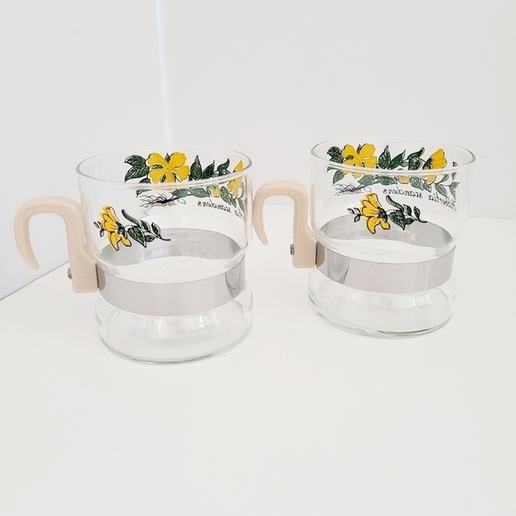 Vintage Coffee Cup Glasses w/ Plastic Handle Yellow flowers Set of 2 Floral Mugs - Picture 5 of 7